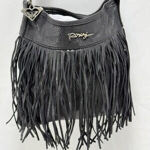 Vintage Y2K Roxy Boho Black Pebbled Fringe Bag Faux Leather Crossbody Purse Mint